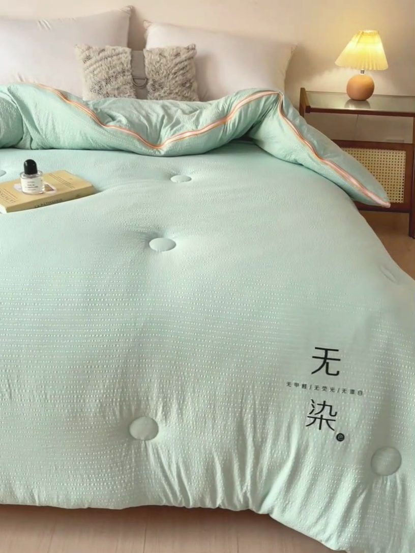 91家纺网 家纺一手货源 找家纺 梦莎被业 2025新款A类无染针织水洗棉大豆子母被 抹茶绿