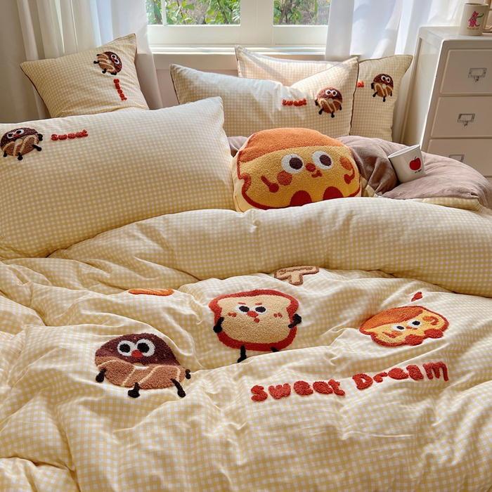 91家纺网 家纺一手货源 找家纺 2025新款牛奶绒+全棉毛巾绣四件套 甜甜圈