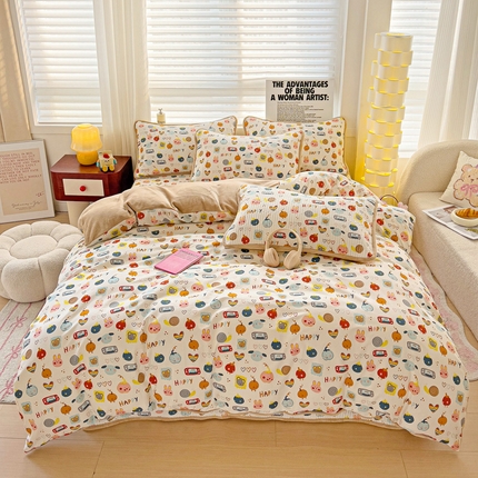 2024新款水洗全棉牛奶绒床盖四件套 小萌宠