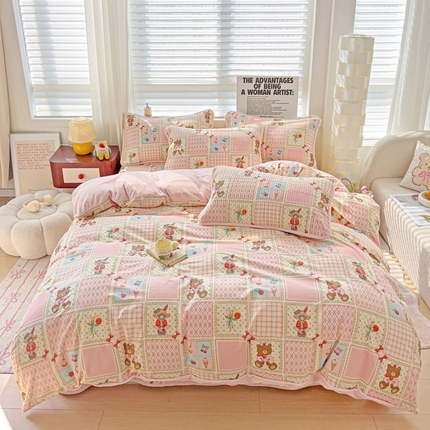 2024新款水洗全棉牛奶绒床盖四件套 甜甜屋