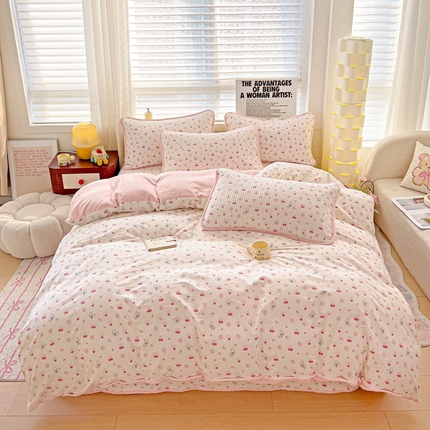 2024新款水洗全棉牛奶绒床盖四件套 樱桃兔兔