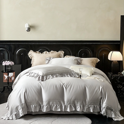 91家纺网 家纺一手货源 找家纺 淼铭家纺 2025新款柔丝棉法式四件套-露易丝 露易丝-灰