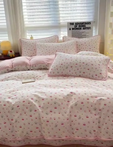91家纺网 家纺一手货源 找家纺 2024新款水洗全棉牛奶绒床盖四件套 樱桃兔兔