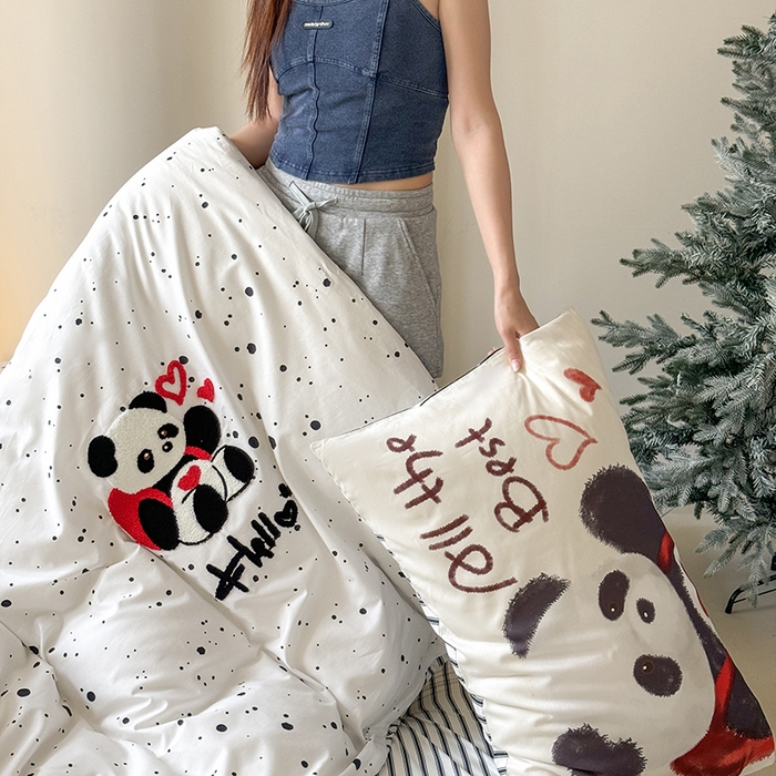 91家纺网 家纺一手货源 找家纺 2024春季新品毛巾绣13370全棉卡通系列四件套 熊猫