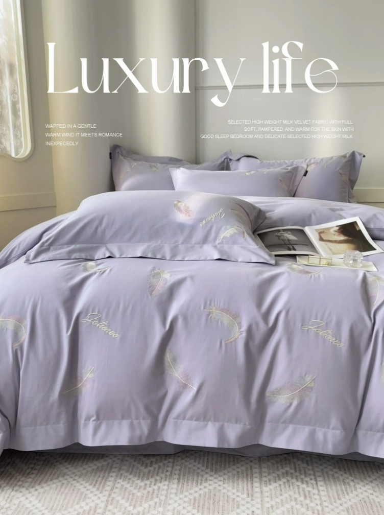 91家纺网 家纺一手货源 找家纺 【A类母婴级】加厚保暖全棉磨毛四件套纯棉刺绣床单被套轻奢风床笠款纯色简约床上用品 洛依-莓蓝