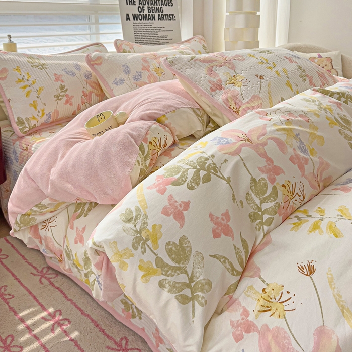 91家纺网 家纺一手货源 找家纺 2024新款水洗全棉牛奶绒床盖四件套 浮春绘