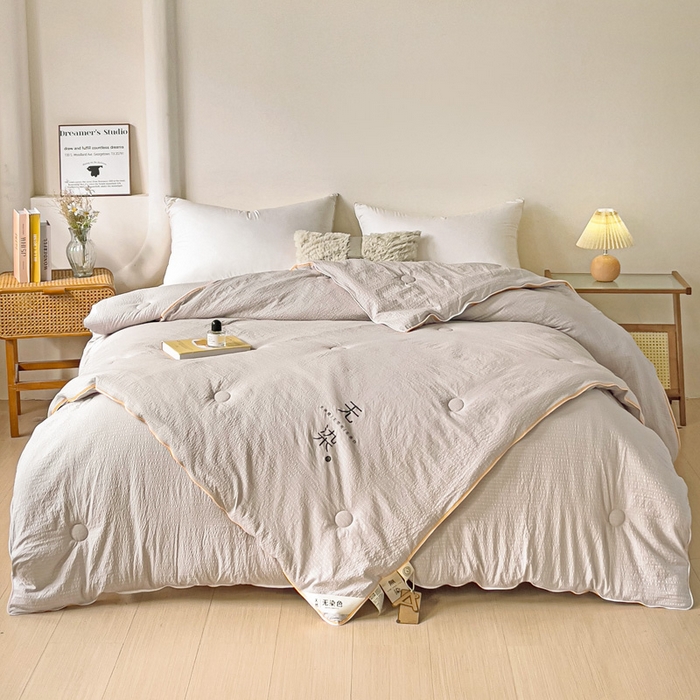 91家纺网 家纺一手货源 找家纺 梦莎被业 2025新款A类无染针织水洗棉大豆子母被 经典灰