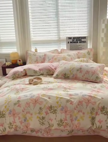 91家纺网 家纺一手货源 找家纺 2024新款水洗全棉牛奶绒床盖四件套 浮春绘