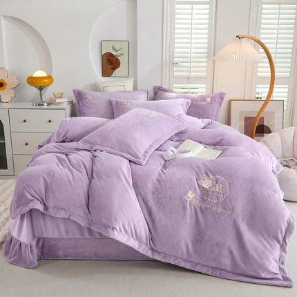 畅畅家纺 2024新款宽边高克重冬季9斤加厚牛奶绒绣花四件套 紫色