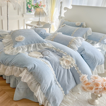 乐朵家居 2024新款 梦妮莎 牛奶绒床单款床盖款四件套 蓝（控价 单269 夹棉299）