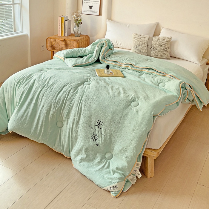 91家纺网 家纺一手货源 找家纺 梦莎被业 2025新款A类无染针织水洗棉大豆子母被 抹茶绿
