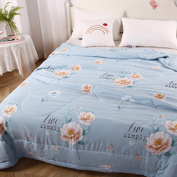 91家纺网 家纺一手货源 找家纺 梦莎被业 2025新款水洗棉印花亲肤可水洗夏凉被空调被四季被夏被被子被芯 国色天香蓝