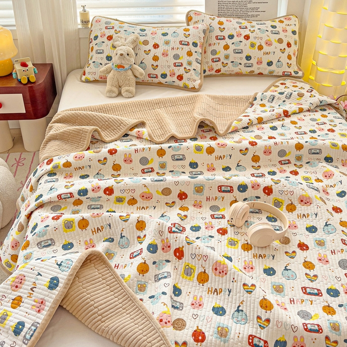 91家纺网 家纺一手货源 找家纺 2024新款水洗全棉牛奶绒床盖三件套 小萌宠