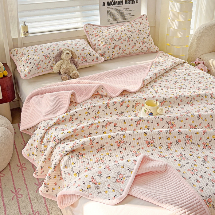 91家纺网 家纺一手货源 找家纺 2024新款水洗全棉牛奶绒床盖三件套 好事花生