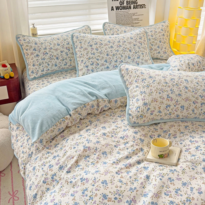 91家纺网 家纺一手货源 找家纺 2024新款水洗全棉牛奶绒床盖四件套 晚风