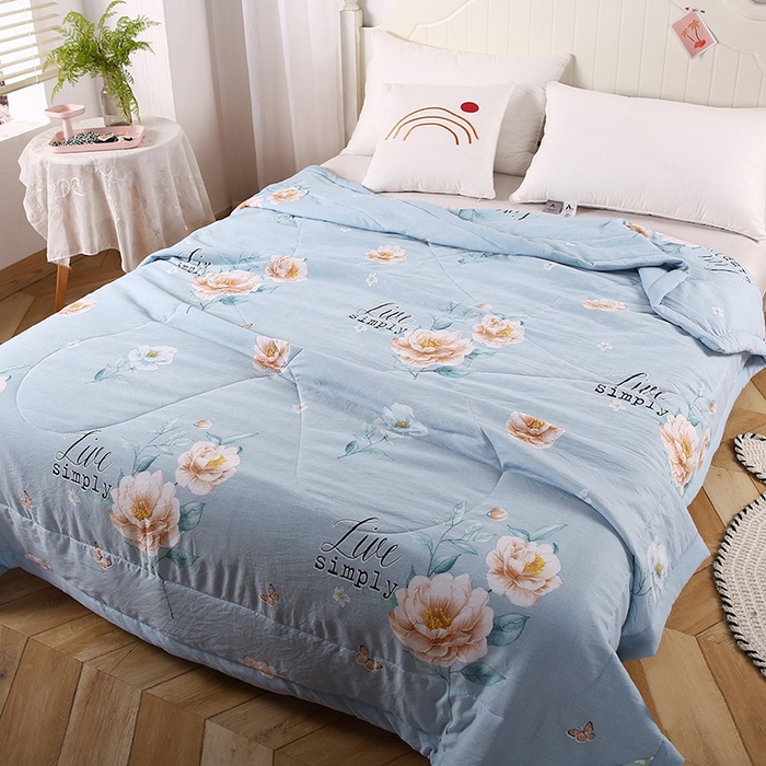 91家纺网 家纺一手货源 找家纺 梦莎被业 2025新款水洗棉印花亲肤可水洗夏凉被空调被四季被夏被被子被芯 国色天香蓝