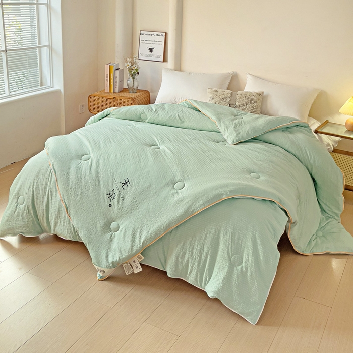 91家纺网 家纺一手货源 找家纺 梦莎被业 2025新款A类无染针织水洗棉大豆子母被 抹茶绿