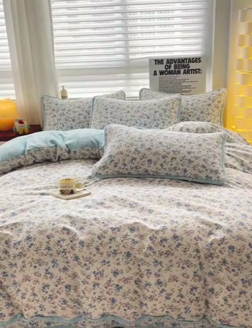 91家纺网 家纺一手货源 找家纺 2024新款水洗全棉牛奶绒床盖四件套 晚风