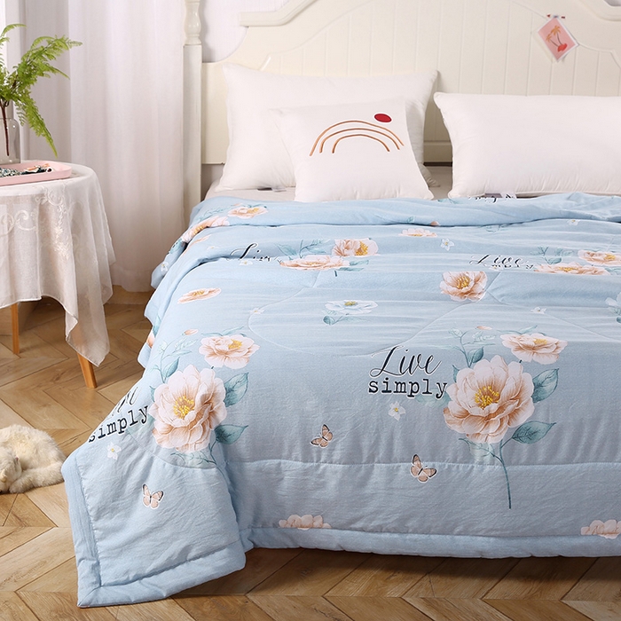 91家纺网 家纺一手货源 找家纺 梦莎被业 2025新款水洗棉印花亲肤可水洗夏凉被空调被四季被夏被被子被芯 国色天香蓝