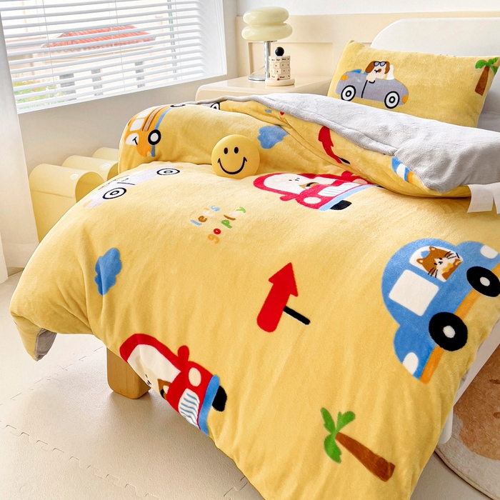 91家纺网 家纺一手货源 找家纺 乐秀家纺 2025新款A类牛奶绒幼儿园被子可拆卸被套+被芯 卡通汽车