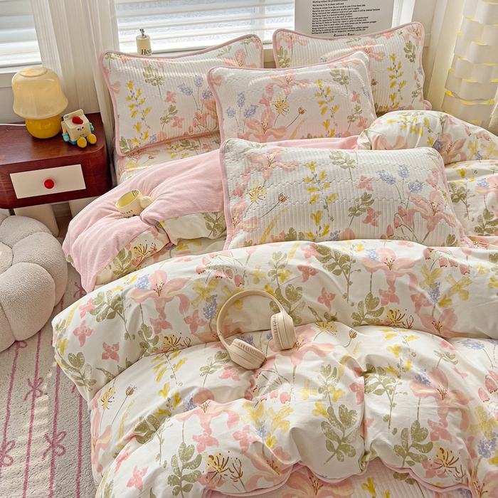 91家纺网 家纺一手货源 找家纺 2024新款水洗全棉牛奶绒床盖四件套 浮春绘