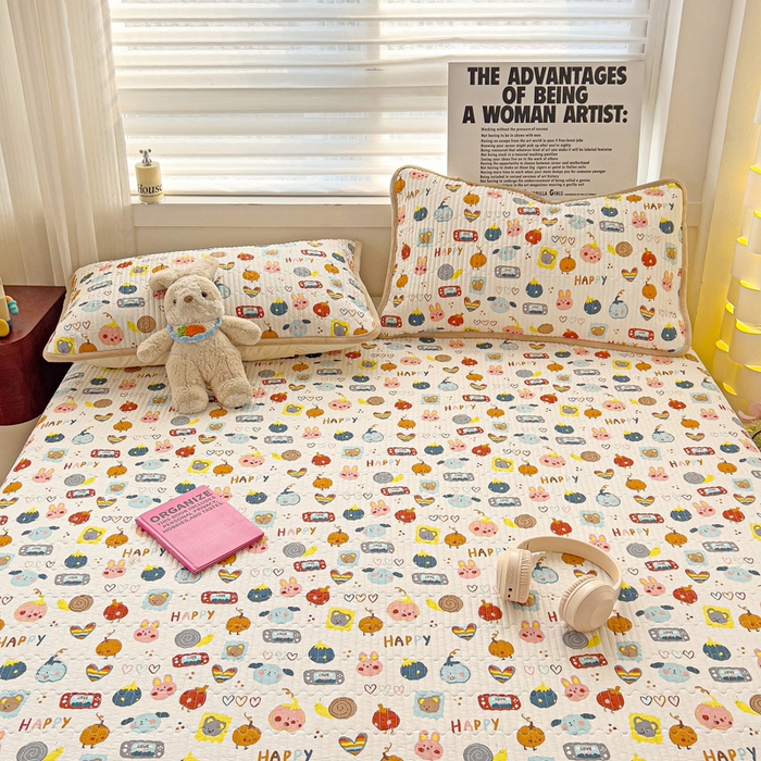 91家纺网 家纺一手货源 找家纺 2024新款水洗全棉牛奶绒床盖三件套 小萌宠