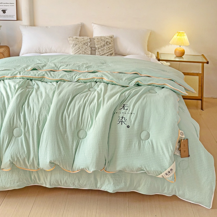 91家纺网 家纺一手货源 找家纺 梦莎被业 2025新款A类无染针织水洗棉大豆子母被 抹茶绿