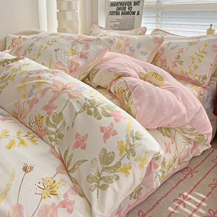 91家纺网 家纺一手货源 找家纺 2024新款水洗全棉牛奶绒床盖四件套 浮春绘