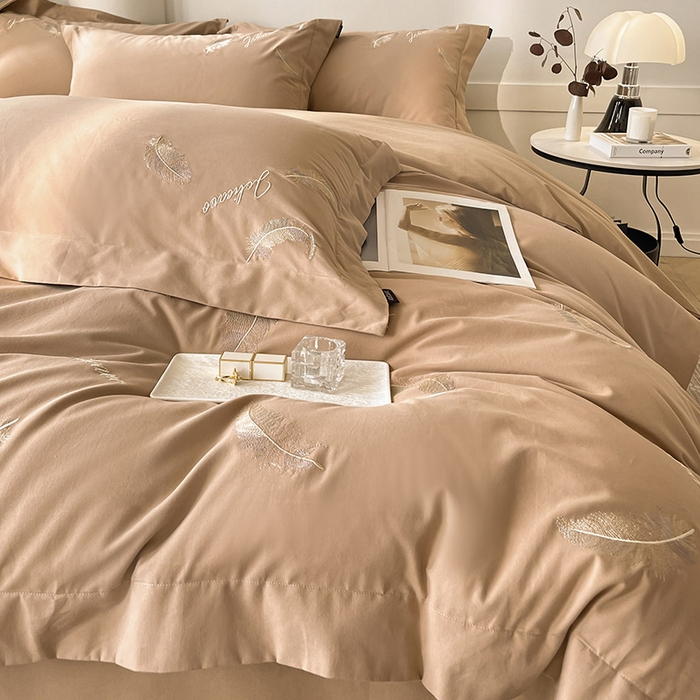 91家纺网 家纺一手货源 找家纺 【A类母婴级】加厚保暖全棉磨毛四件套纯棉刺绣床单被套轻奢风床笠款纯色简约床上用品 洛依-拿铁