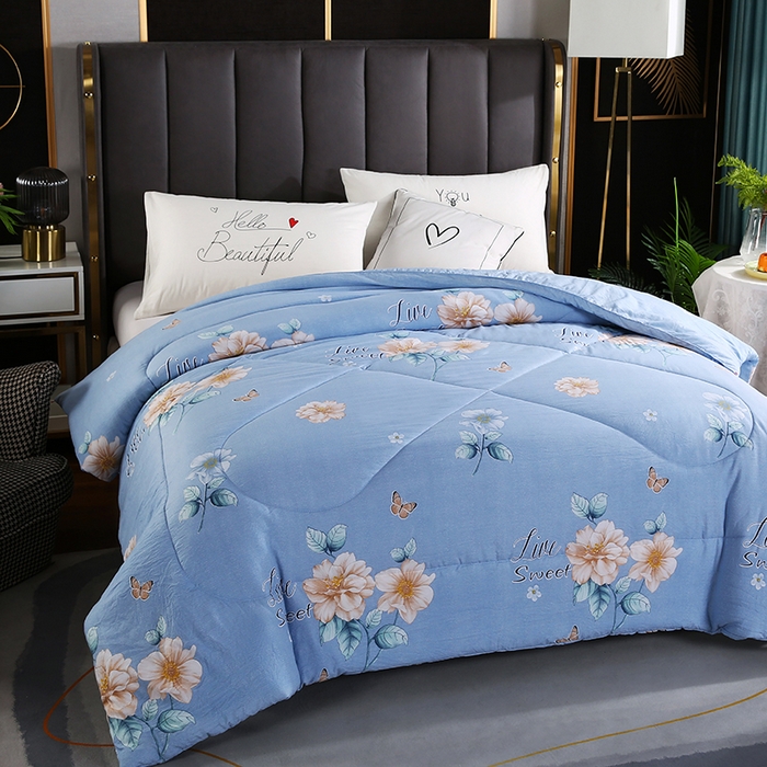 91家纺网 家纺一手货源 找家纺 梦莎被业 2025新款水洗棉印花舒适春秋被四季被夏被冬被被子被芯 国色天香蓝