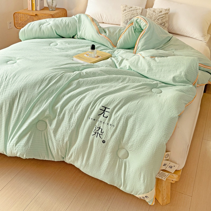 91家纺网 家纺一手货源 找家纺 梦莎被业 2025新款A类无染针织水洗棉大豆子母被 抹茶绿
