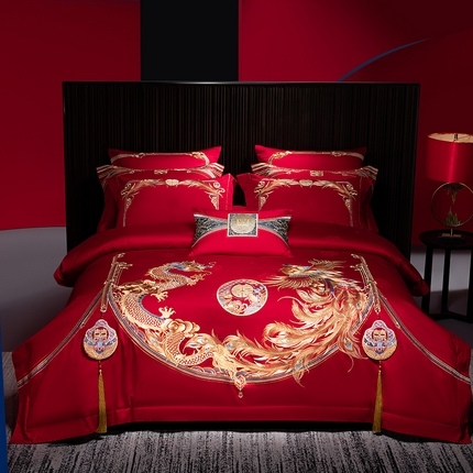 91家纺网 家纺一手货源 找家纺 佳汐蓝家纺 2024新款全棉100支贡缎提花婚庆四件套系列 芭莎龙凤