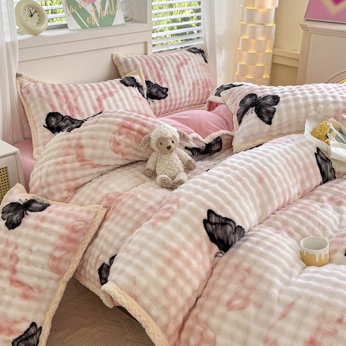 91家纺网 家纺一手货源 找家纺 金喜 2024新款泡泡牛奶绒四件套-欧帝莎 泡泡牛奶绒-蝶恋花粉