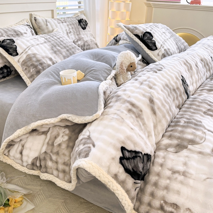 91家纺网 家纺一手货源 找家纺 金喜 2024新款泡泡牛奶绒四件套-欧帝莎 泡泡牛奶绒-蝶恋花灰