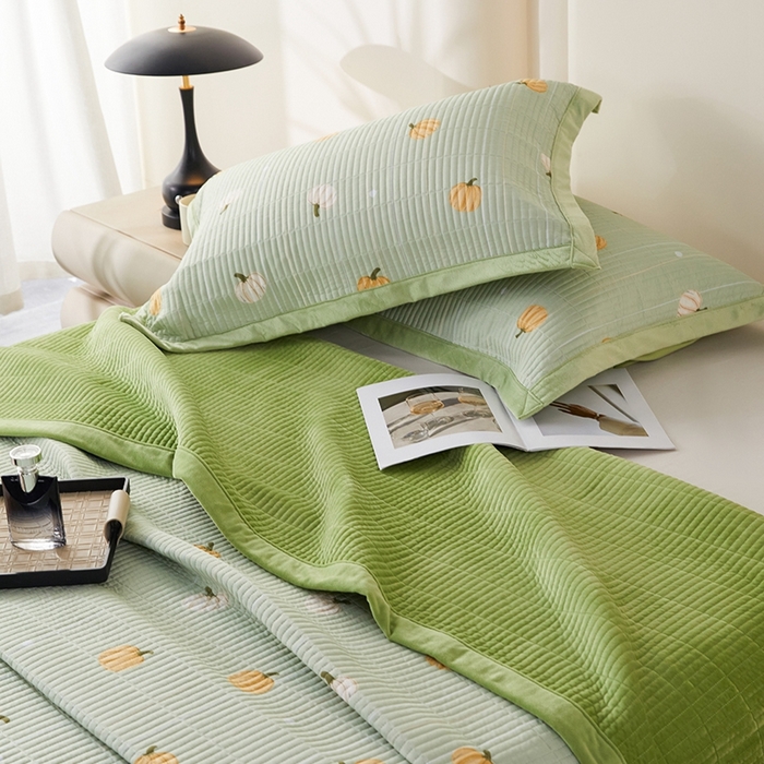 91家纺网 家纺一手货源 找家纺 莎果家纺 2025秋冬一面天丝一面绒高温砂洗床盖三件套 小南瓜