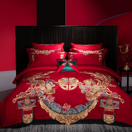 91家纺网 家纺一手货源 找家纺 佳汐蓝家纺 2024新款全棉100支贡缎提花婚庆四件套系列 喜唐婚礼