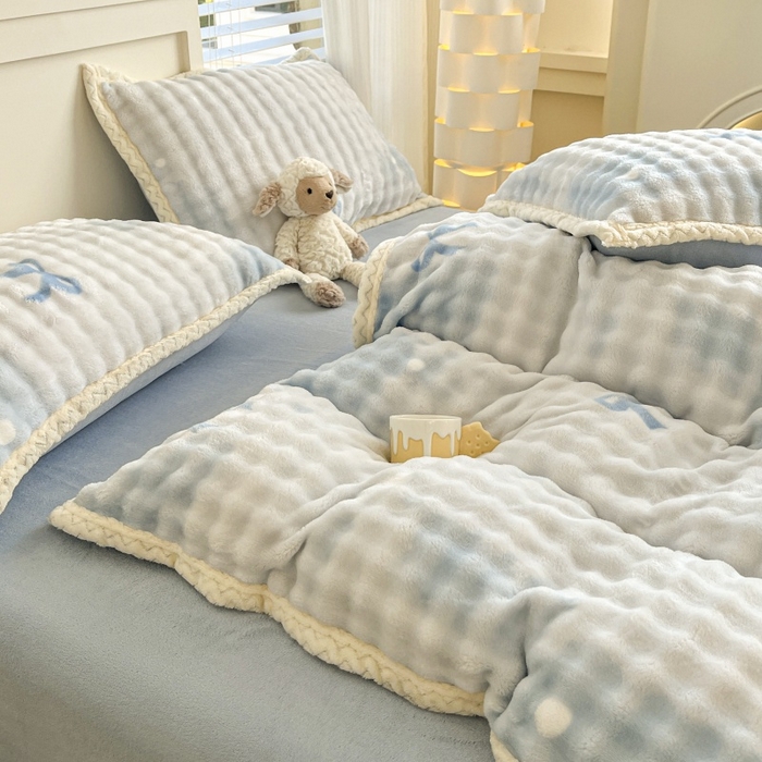 91家纺网 家纺一手货源 找家纺 金喜 2024新款泡泡牛奶绒四件套-欧帝莎 泡泡牛奶绒-拾忆蓝