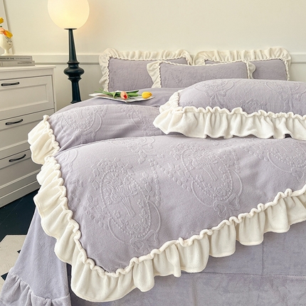 小主驾到 2024新款雕花绒牛奶绒花边款轻奢法式公主风四件套 山茶白羽紫