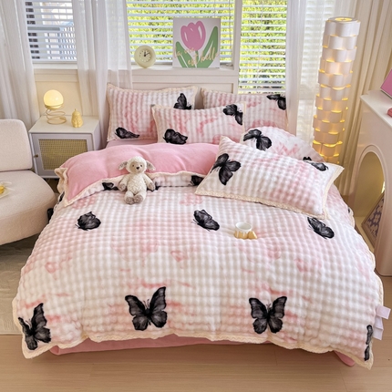 金喜 2024新款泡泡牛奶绒四件套-欧帝莎 泡泡牛奶绒-蝶恋花粉