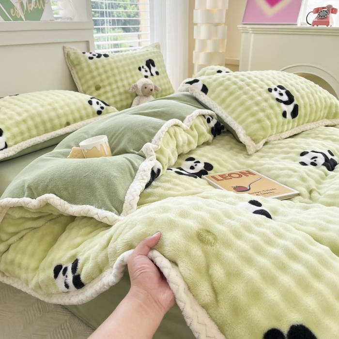 91家纺网 家纺一手货源 找家纺 金喜 2024新款泡泡牛奶绒四件套-欧帝莎 泡泡牛奶绒-萌兰