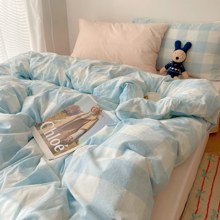 91家纺网 家纺一手货源 找家纺 繁花家居 2024新款亲肤混搭印花四件套系列（提供买家秀） 混搭-浅蓝方格