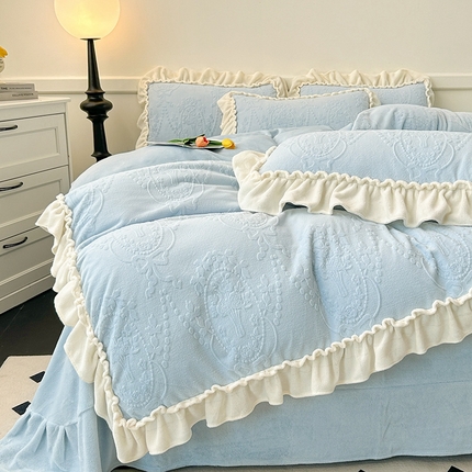 小主驾到 2024新款雕花绒牛奶绒花边款轻奢法式公主风四件套 山茶白羽蓝
