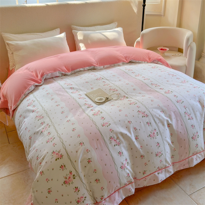 91家纺网 家纺一手货源 找家纺 7V 2024新款单件被套A纯棉B牛奶绒轻奢大宽边一字绣A类133*76全棉喷气宽幅长绒棉高克重全工艺牛奶绒 沐浴玫瑰