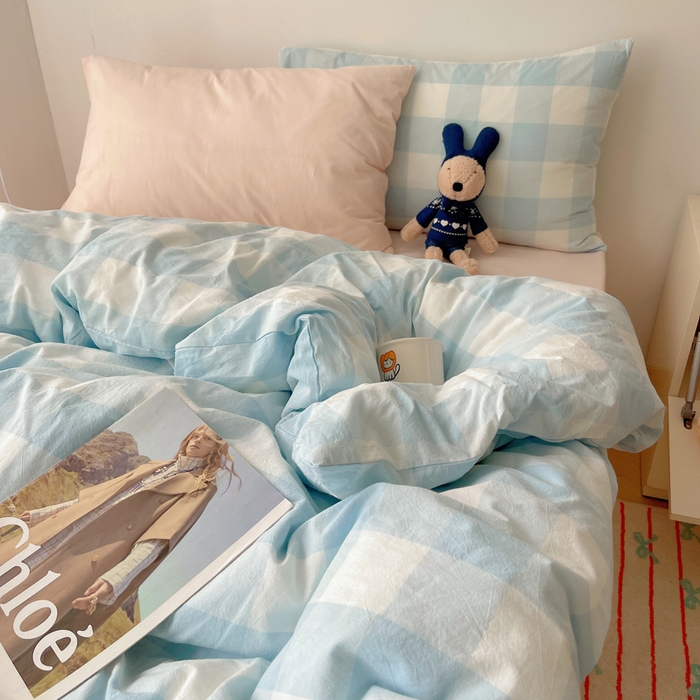 91家纺网 家纺一手货源 找家纺 繁花家居 2024新款亲肤混搭印花四件套系列（提供买家秀） 混搭-浅蓝方格