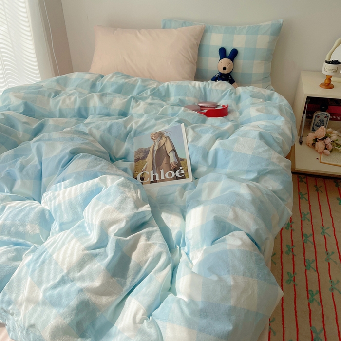 91家纺网 家纺一手货源 找家纺 繁花家居 2024新款亲肤混搭印花四件套系列（提供买家秀） 混搭-浅蓝方格