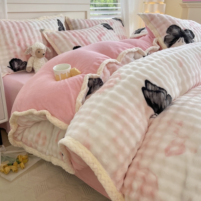 91家纺网 家纺一手货源 找家纺 金喜 2024新款泡泡牛奶绒四件套-欧帝莎 泡泡牛奶绒-蝶恋花粉