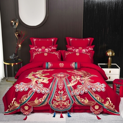 91家纺网 家纺一手货源 找家纺 皇潮婚庆馆 新款新疆长绒棉高端婚庆刺绣四件套 龙凤合玺