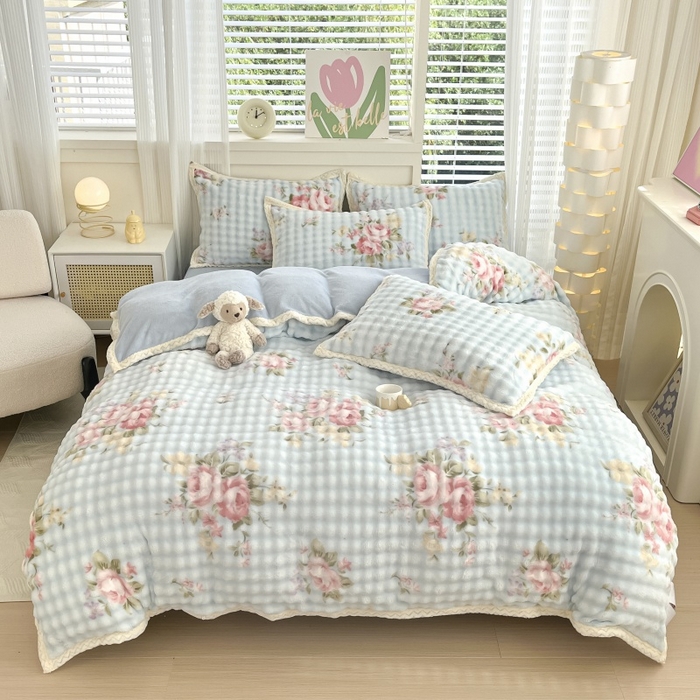 91家纺网 家纺一手货源 找家纺 金喜 2024新款泡泡牛奶绒四件套-欧帝莎 泡泡牛奶绒-花开朵朵