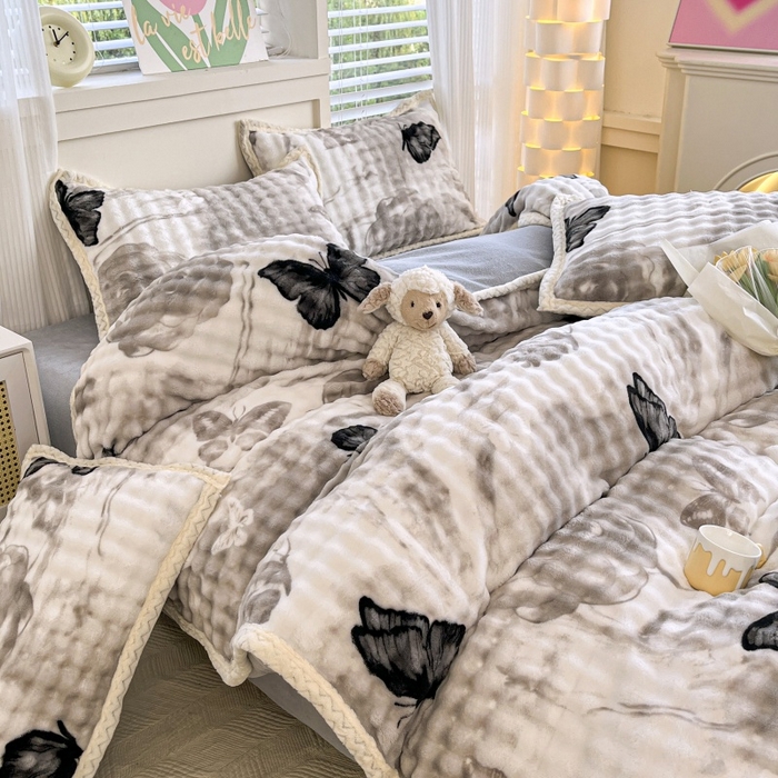 91家纺网 家纺一手货源 找家纺 金喜 2024新款泡泡牛奶绒四件套-欧帝莎 泡泡牛奶绒-蝶恋花灰