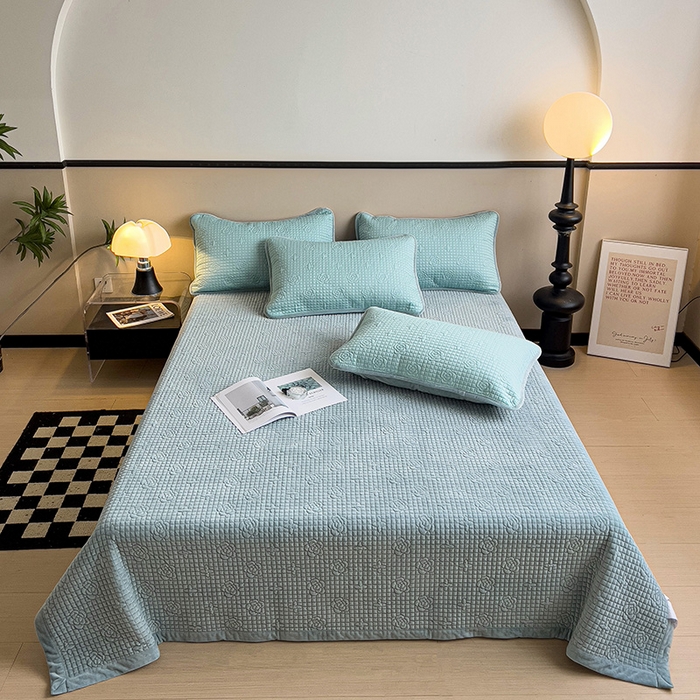 91家纺网 家纺一手货源 找家纺 羽爱家纺 2024新款A类莫代尔宝宝绒床盖三件套 湖水蓝